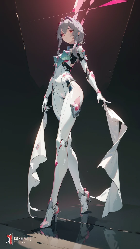 8k, masterpiece, concept_art, (Fu_Hua), (Herrscher_of_Sentience), grey_hair, red_eyes, (plug_suit), white_bodysuit, glowing_bodysuit, pink_accents, green_crystal_on_chest, high_heels, (mystical_armor)