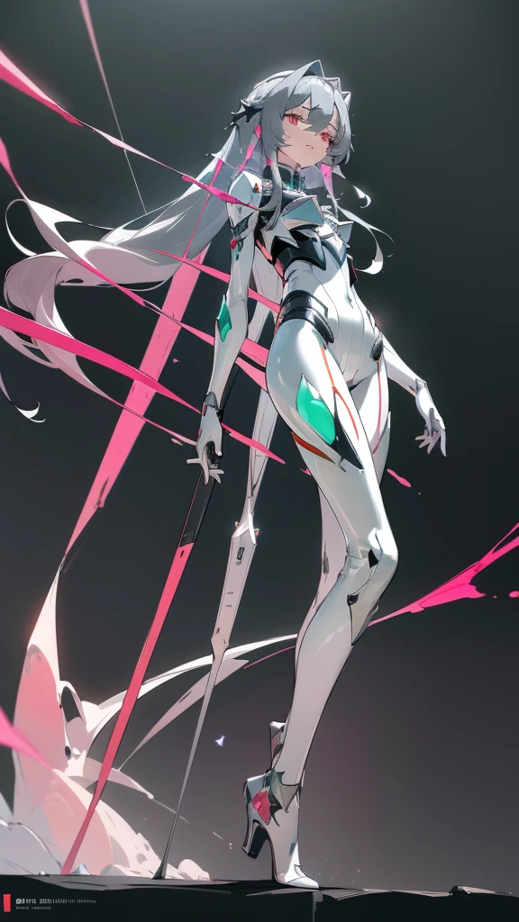 8k, masterpiece, concept_art, (Fu_Hua), (Herrscher_of_Sentience), grey_hair, red_eyes, (plug_suit), white_bodysuit, glowing_bodysuit, pink_accents, green_crystal_on_chest, high_heels, (mystical_armor)