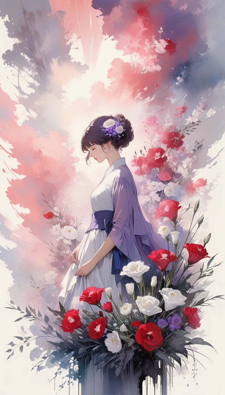 One girl,flower, Lisianthus ,Pale pinkと淡い青のスタイル, A dreamy, romantic piece, Pale pink, Mysterious Leaves, A playful arrangement,Fantasy, High Contrast, Ink strokes, explosion, Exposure, Impression of purple and red tones , Abstract, ((Watercolours by John Berkey and Jeremy Mann )) Brush strokes, Negative Space,