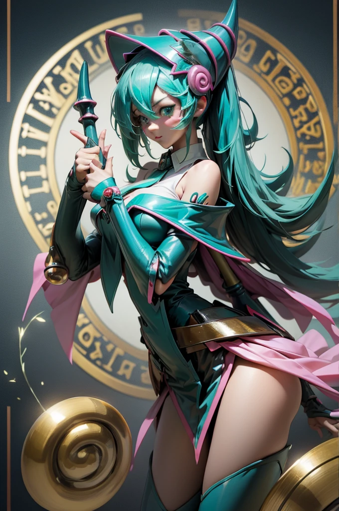 Hatsune Miku dressed as a dark wizard. Pose sexy y sensual. Big . gils dark wizard costume