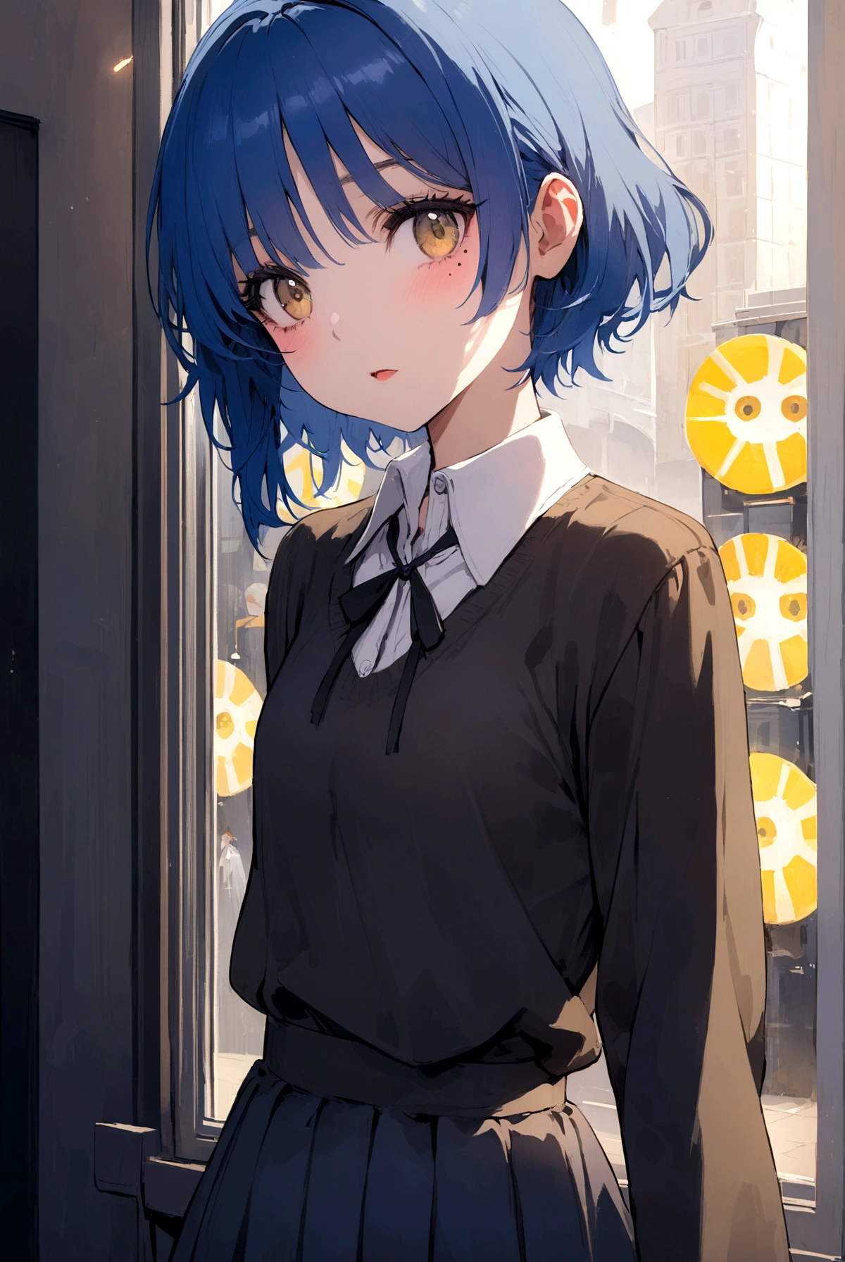 elegant european girl with blue hair and a mole under the eye in front of a display window