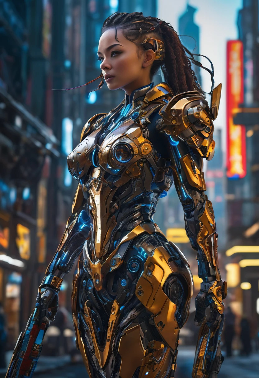 A highly detailed, beautiful female cyborg warrior, detailed mechanical parts, glowing cybernetic enhancements, dramatic lighting, cinematic composition, vibrant colors, intricate futuristic armor, elegant pose, piercing gaze, (best quality,4k,8k,highres,masterpiece:1.2),ultra-detailed,(realistic,photorealistic,photo-realistic:1.37),intricate machinery, advanced technology, dynamic action, dramatic shadows, cinematic angles, intense expression, dramatic lighting, neon highlights, complex patterns, futuristic setting, hyper-detailed face, cinematic composition, dynamic posing, intense atmosphere, rich colors, advanced weaponry