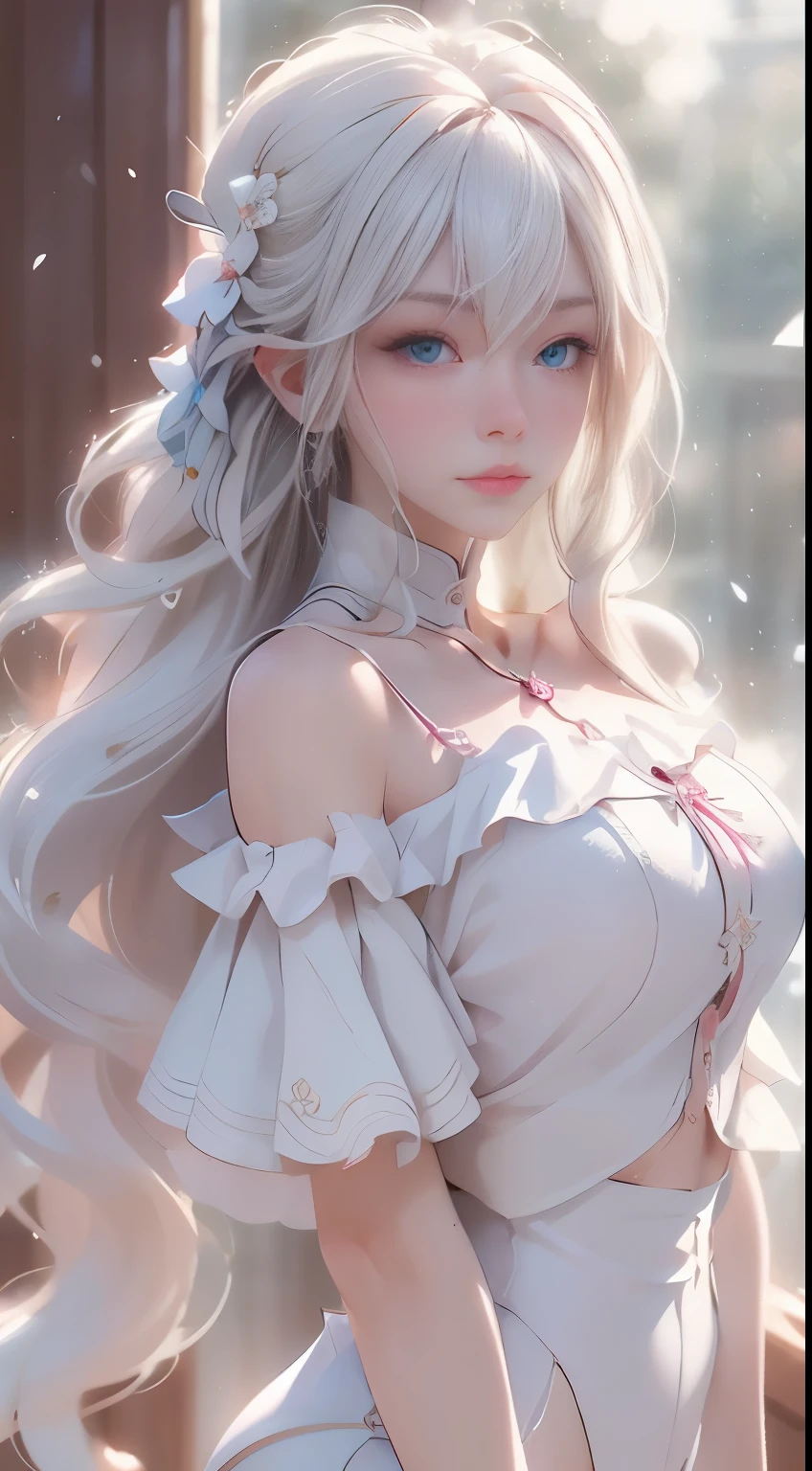 ((best qualtiy)), ((tmasterpiece)), (detail:1.4), Beautiful cyberpunk female images,nffsw(HighDynamicRange),Ray traching,NVIDIA RTX,Hyper-Resolution,illusory 5,sub-surface Scattering,PBR Textures,post processed,Anisotropy Filtering,depth of fields,maximum definition and sharpness,multi-layer texture,Albedo e mapas Speculares,Surface Coloring,Mitsu-Accurate simulation of material interactions,Perfectly proportioned,rendering by octane,Two-colored light,Large aperture,Low ISO,White Balance,Rule three points、8K raw data、Beautiful bright blue pupils,Off-the-shoulder clothing,Fine pupils,Delicate face and eyes,long eyelasher,Blushlush,Delicate and fluffy hair,Pink lip,pure,Cute face,Sweet girl,Artistic sense,Casual wear,Advanced Sense,butterflys,Cherry blossom petals,Beautiful Hair Accessories,Medium hair,Hair fluttering in the wind,Snow-white fox ears,Curly,Snow-white fluffy tail,Positive Light,The light from the back window is backlighted