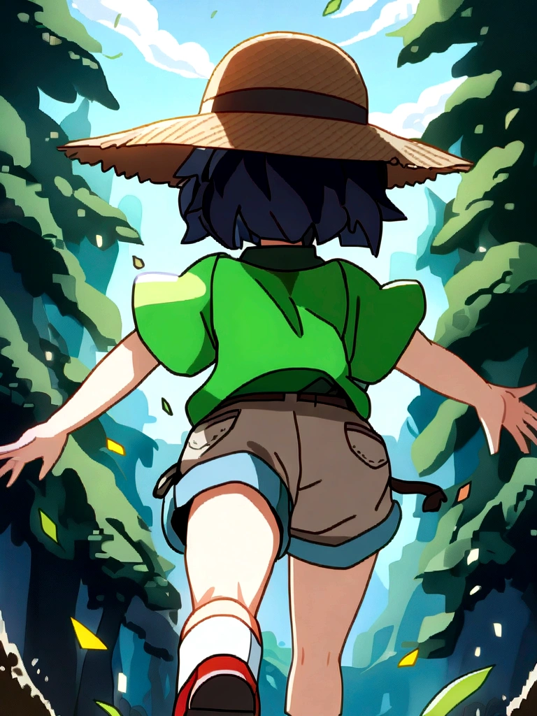スタジオGhibli styleアニメ映画,Movie stills,Representative works,Official Art,Professional,Super intricate details,
Highest quality,8Kのmasterpiece,Super detailed,超A high resolution,High resolution,Depth of written boundary,
High background image quality,(masterpiece:1.5),
Ghibli style,((((1 girl:1.9,solo)))),Running girl,
The wind is blowing,Back view,Shorts,Wearing a straw hat,
