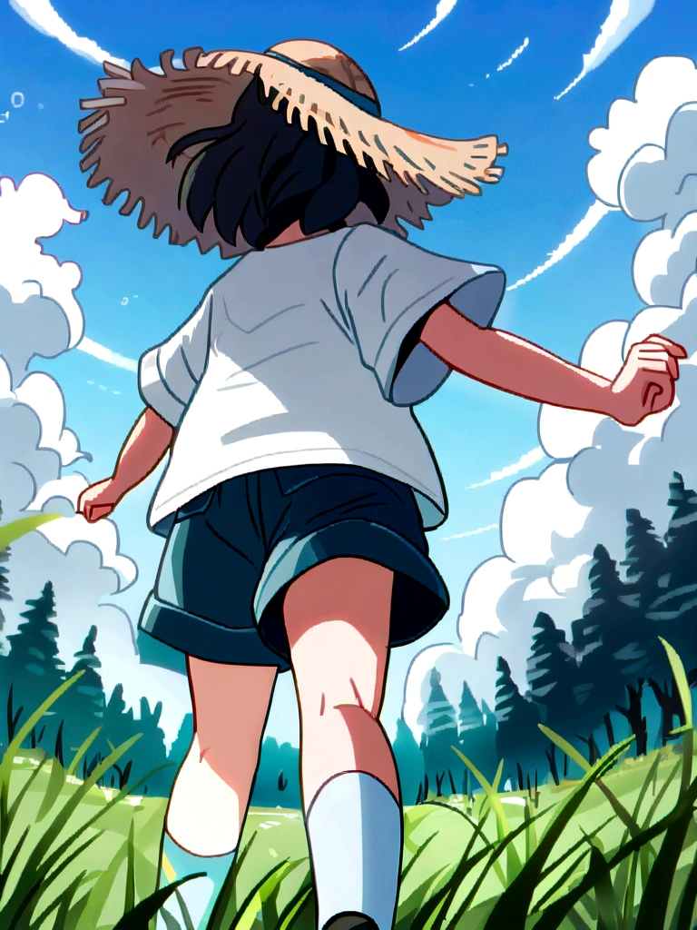 スタジオGhibli styleアニメ映画,Movie stills,Representative works,Official Art,Professional,Super intricate details,
Highest quality,8Kのmasterpiece,Super detailed,超A high resolution,High resolution,Depth of written boundary,
High background image quality,(masterpiece:1.5),
Ghibli style,((((1 girl:1.9,solo)))),Running girl,
The wind is blowing,Back view,Shorts,Wearing a straw hat,