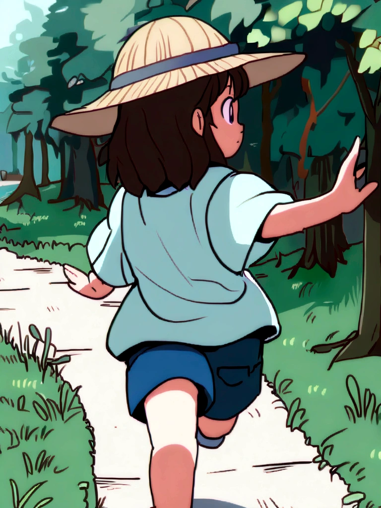 スタジオGhibli styleアニメ映画,Movie stills,Representative works,Official Art,Professional,Super intricate details,
Highest quality,8Kのmasterpiece,Super detailed,超A high resolution,High resolution,Depth of written boundary,
High background image quality,(masterpiece:1.5),
Ghibli style,((((1 girl:1.9,solo)))),Running girl,
The wind is blowing,Back view,Shorts,Wearing a straw hat,