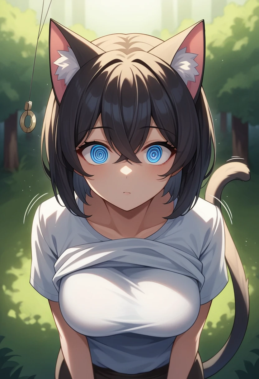 score_9, score_8_up, score_7_up, source_anime, BREAK, freng, (pendulum, motion lines, hypnosis), (from above), 1girl, (mature female), solo, @ @, spiral eyes, cat tail, cat ears, black hair, blue eyes, (cross-eyed, confused), raised eyebrow, tail, crossed bangs, animal ear fluff, short hair, [medium breasts], (forest), highres, absurdres, masterpiece, best quality, ultra-detailed, illustration,colorful, masterpiece, best quality, ray tracing, 8k, (extremely detailed), soft lighting, tracing, soft shadows, detailed face, (textured skin), shirt lift, 