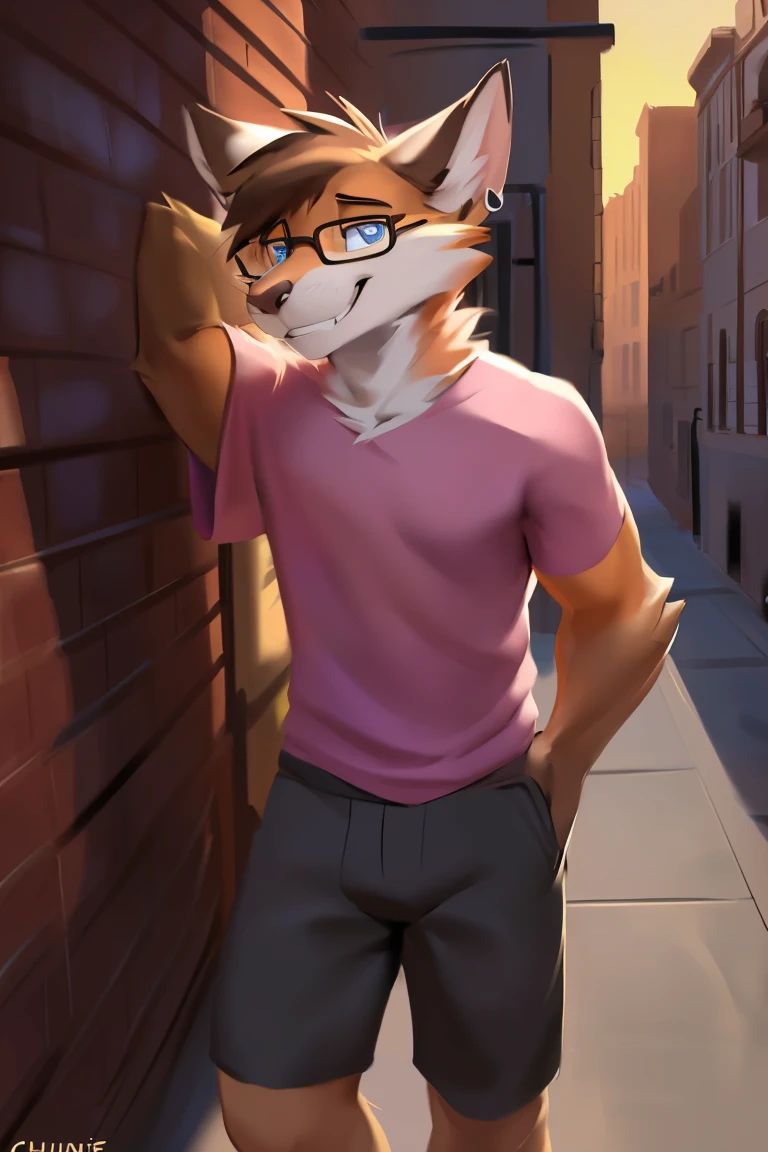 Alone, male, ((flat)), (((snout))), (notched ear, rabbit teeth), Delgado, weak, ((tired out, dizzy, tired out eyes, sleepy)), whiskers, gray fur, gray body, claws, (perfect smile, 1.1), rodent, by schmutzo, and lizette, (por bebebebebe 1.2), Delgado, smelly, nervous smile, ((mysticfox61)), by chunie, by no swift, black shorts pink t-shirt, alley, golden hour, PLANTS, blue eye glasses. Full body looking towards viewer