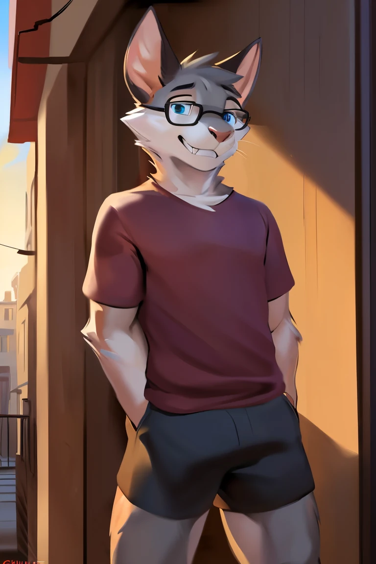 Alone, male, ((flat)), (((snout))), (notched ear, rabbit teeth), Delgado, weak, ((tired out, dizzy, tired out eyes, sleepy)), whiskers, gray fur, gray body, claws, (perfect smile, 1.1), rodent, by schmutzo, and lizette, (por bebebebebe 1.2), Delgado, smelly, nervous smile, ((mysticfox61)), by chunie, by no swift, black shorts pink t-shirt, alley, golden hour, PLANTS, blue eye glasses. Full body looking towards viewer