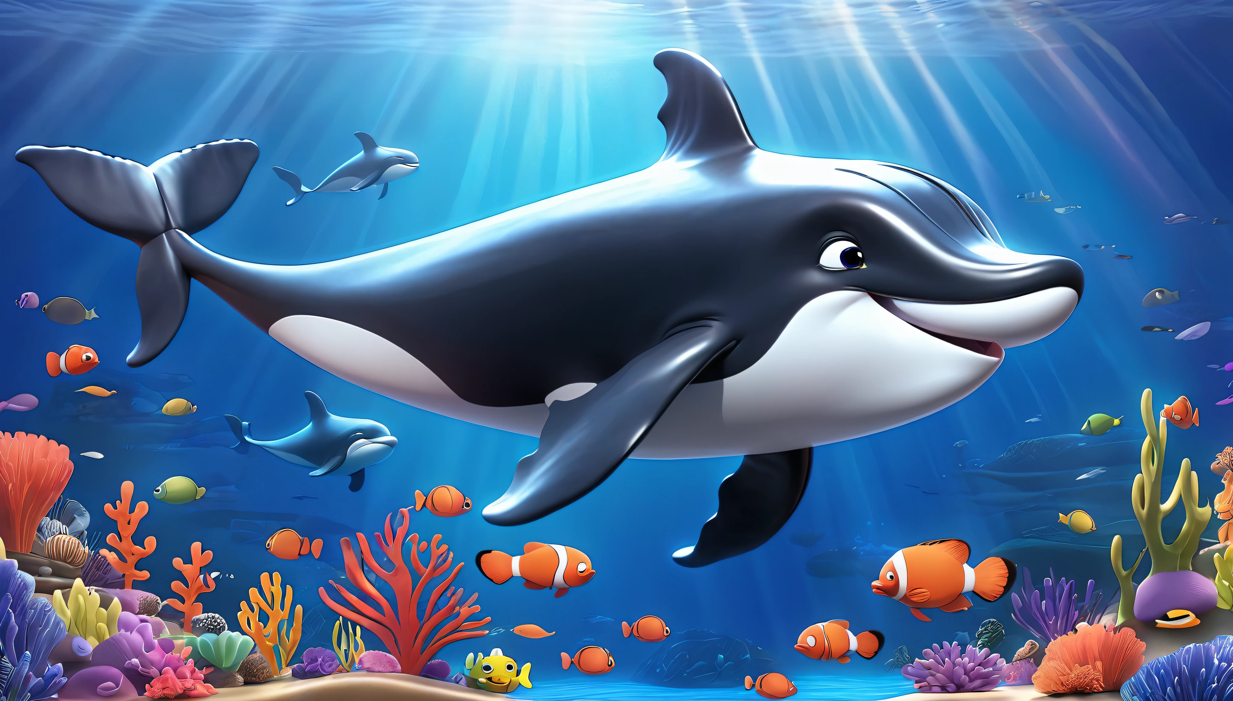 Create a 3-D Pixar style art scene for kids featuring a baby whale swimming alongside its mother whale. The scene should be colorful and vibrant, with an ocean background, coral reefs, and schools of fish. The overall mood should be engaging and inviting for young children.