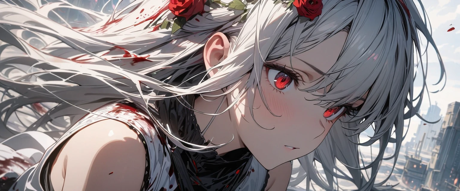 Young girl, long white hair, red eyes, rose in hair, , white dress, sleeveless,, blood, Masterpiece, best quality, Full HD, 8k, ultra details, great graphic