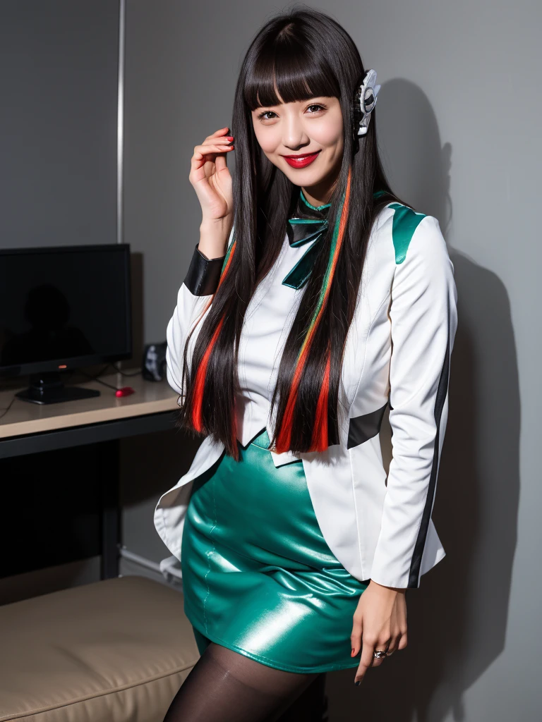 (extremely detailed CG), (best quality), 1girl, perfect face,shiny skin,narrow waist, wide hips  AzuArk,high heels, footwear,humagear_headphones,black nails,white jacket,skirt,long sleeves,red hair, red eyes, blunt bangs,pantyhose,multicolored hair,long hair,bangs,black hair,evil huge laugh,lipstick,sadistic smile,deep shaded face,,smile worst,worst ridecule,evil moukery,,two hands,five fingers,evil darkness background,