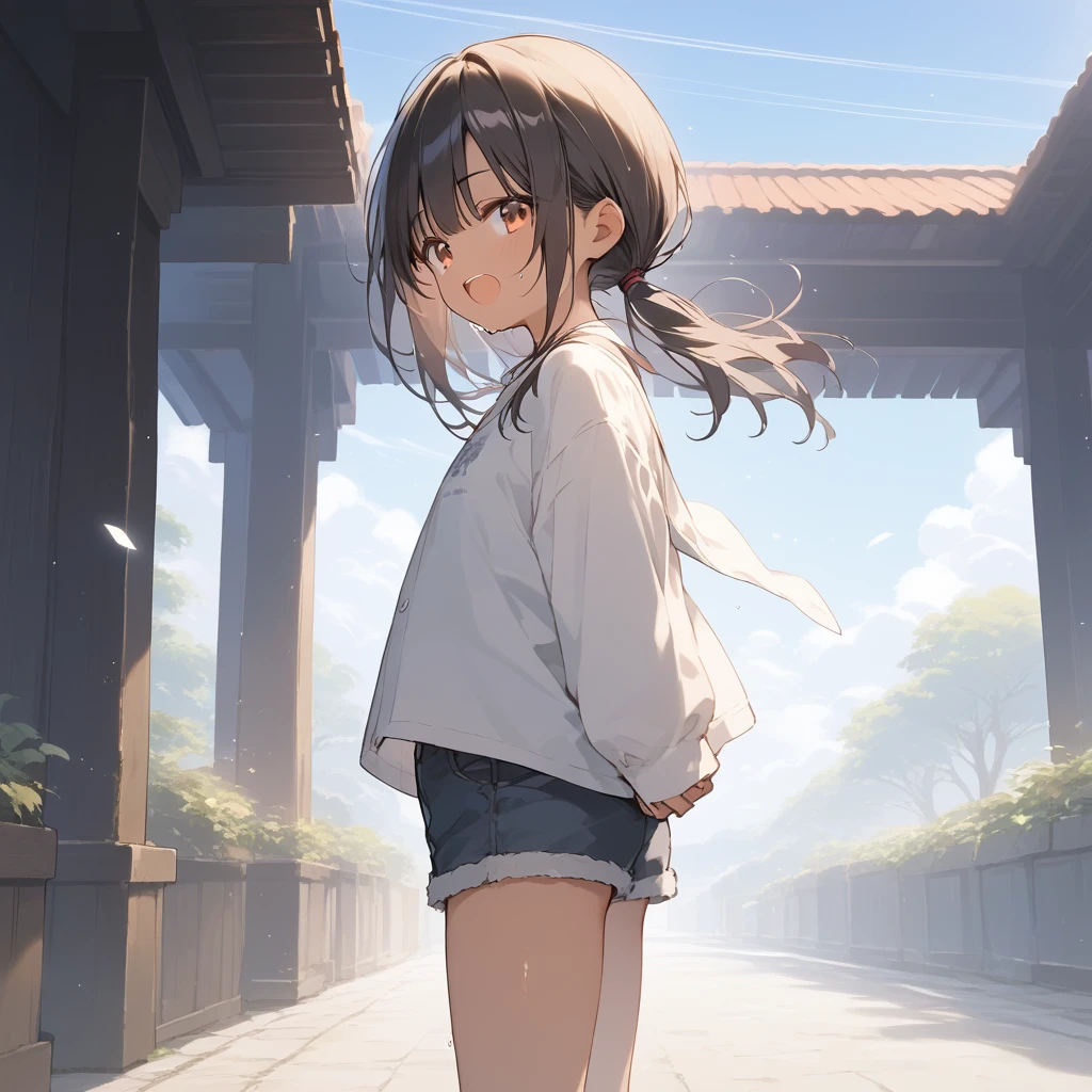 score_9, score_8_up, score_7_up, source_anime, best quality, masterpiece, official art, absurdres, highres, ultra-detailed,waifu2x,Collection: Slice of Life,break,1girl, tomboy, dark-skinned female, short hair, low ponytail, flat chest, beautiful detailed eyes, short shorts, sweat, open mouth, (yawn:0.3), sleepily, outdoors, wind, break,dewy skin, perspiration on the skin,skin texture, fine lines, pores, natural imperfections,light reflections, glossy skin, shiny skin,break,(clear line illustration:1.2),very high resolution, very aesthetic, Best sexual lighting powered by famous artist, 8k,cute picture,beauty illustration,photoshop_(medium),,(Detailed Lighting),best anime 8k konachan wallpaper, pixiv contest winner,