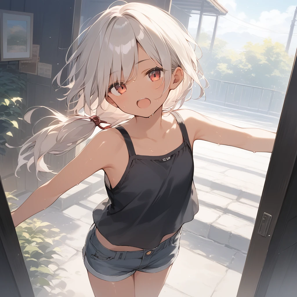 score_9, score_8_up, score_7_up, source_anime, best quality, masterpiece, official art, absurdres, highres, ultra-detailed,waifu2x,Collection: Slice of Life,break,1girl, tomboy, dark-skinned female, short hair, low ponytail, flat chest, beautiful detailed eyes, short shorts, sweat, open mouth, (yawn:0.3), sleepily, outdoors, wind, break,dewy skin, perspiration on the skin,skin texture, fine lines, pores, natural imperfections,light reflections, glossy skin, shiny skin,break,(clear line illustration:1.2),very high resolution, very aesthetic, Best sexual lighting powered by famous artist, 8k,cute picture,beauty illustration,photoshop_(medium),,(Detailed Lighting),best anime 8k konachan wallpaper, pixiv contest winner,