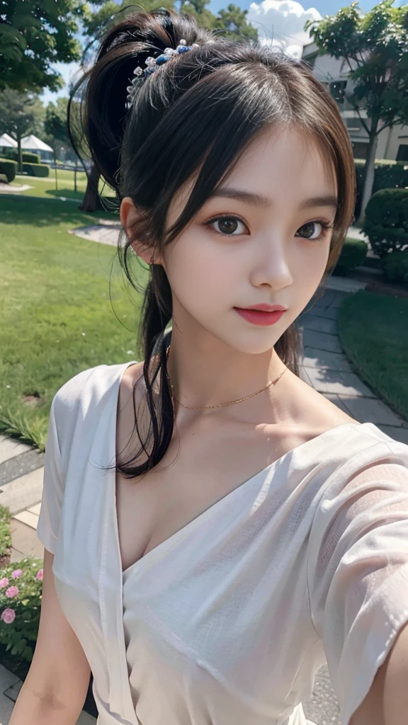 collared dress,european city park,On the lawn,One woman,masutepiece, The highest image quality, High quality, the background is clear,Beautiful woman, Japanese,Ultra-detailed, finely detail, hight resolution, 8K Wallpaper, Perfect dynamic composition, Beautiful detailed eyes , Detailed, Detailed eyes, Detailed skin, Beautiful skin, 超hight resolution, (reality: 1.4),Very beautiful woman, Slightly younger face, Beautiful skin, slender, (Ultra photo realsisim), (hight resolution), (8K), (Very detailed) (beautifully detailed eyes), (super detailed), (Detailed face), view the viewer, Fine details, Detailed face, Staring straight ahead, Staring straight ahead, photos realistic, Bright lighting, Professional Lighting, Black hair,poneyTail,a baby face,sixteen years old,Hairstyle: ponytail,Long ponytail hairstyle,slight smile,neat and tidy clothing,Beautiful Japanese KPOP idol photo, hair style is ponytail, my eyes are double and wide, baby face, smile and look straight ahead, slender, small breasts,Close up face,