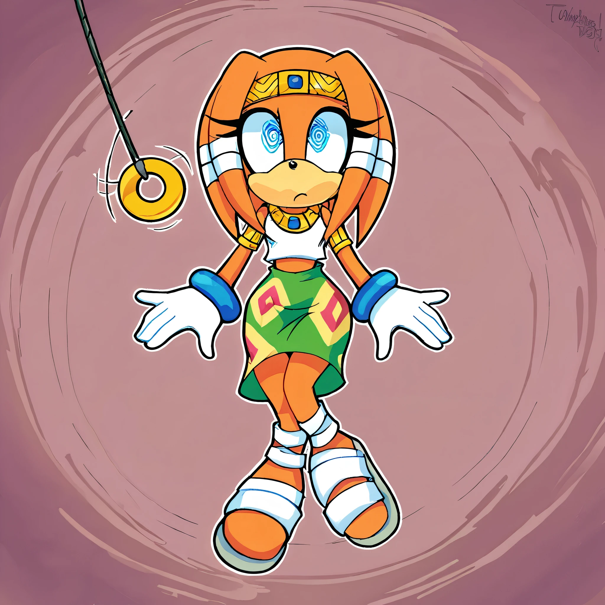 score_9, score_8_up, 2D, flat color, a plain white background with nothing in it, looking at viewer, 1girl, very detailed, extremely detailed, solo, tikal the echidna from the sonic the hedgehog series, wide hips, narrow waist, pattern skirt, midriff, sandals, (pendulum, motion lines, hypnosis), (cross-eyed, confused), raised eyebrow, blue eyes, @ @, spiral eyes, (from above), highres, absurdres, masterpiece, best quality, ultra-detailed, illustration,colorful, masterpiece, best quality, ray tracing, 8k, (extremely detailed), soft lighting, tracing, soft shadows, detailed face, (textured skin),