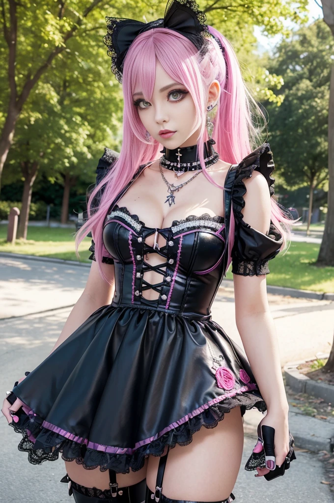sexy stylish Swedish model, only 1 female, ((doll-like appearance)), short neon pink stylish hair, ((shiny Punk-Style boots)), (beautiful smile), ultra detailed eyes, long lashes, metallic eye-makeup, lip-gloss, ((sexy Punk Lolita cosplay)), unconventional skirt, petticoats, high neckline, ((ultra detailed lace)), ((ultra detailed embroidery)), intricate details, tartan patterns, Punk Lolita accessoires, Punk Lolita choker, ((large sparkling Punk Lolita jewelry)), cinematic light, detailed sunny large park background with trees