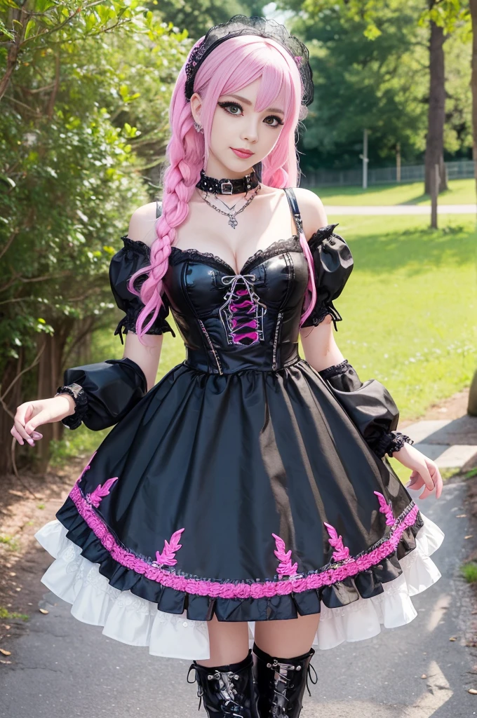 sexy stylish Swedish model, only 1 female, ((doll-like appearance)), short neon pink stylish hair, ((shiny Punk-Style boots)), (beautiful smile), ultra detailed eyes, long lashes, metallic eye-makeup, lip-gloss, ((sexy Punk ta cosplay)), unconventional skirt, petticoats, high neckline, ((ultra detailed lace)), ((ultra detailed embroidery)), intricate details, tartan patterns, Punk Loliccessoires, Punk Lolita cr, ((large sparkling Punk Lolita jewel, cinematic light, detailed sunny large park background with trees