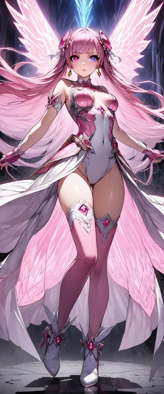 (Perfect Anatomy)、Mastepiece、Ultra High Quality、 8K、masterpiece、Highest quality、Ultra-high resolution、Maximum resolution、Very detailed、Professional Lighting、anime、woman、thin、so beautiful、Highly detailed eye、Highly detailed face、Golden earrings、Pink Hair,、Pink eyes、Mid-chest, pink lips, upper arm pink armor, white leotard, pink pattern, full body, magical girl, Angel Girl, Are standing, pink thigh high stockings, white super long boots, pink gauntlet, high heels, hime cut, bridal hair accessory, Summoning a magic sword, pigeon toed, madeon, Biopunk, Creating wind with wings, Forming a magical shield