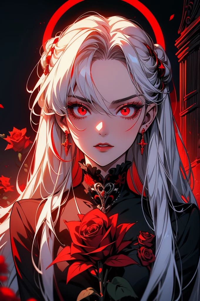 a close up of a woman with white hair and red roses in her hair, gothic maiden anime girl, with glowing red eyes, luminous red eyes, with red glowing eyes, guweiz, stunning anime face portrait, artwork in the style of guweiz, 1 7 - year - old anime goth girl, with red eyes, demon anime girl, blood red eyes
