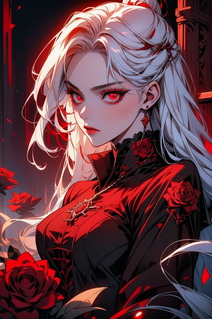 a close up of a woman with white hair and red roses in her hair, gothic maiden anime girl, with glowing red eyes, luminous red eyes, with red glowing eyes, guweiz, stunning anime face portrait, artwork in the style of guweiz, 1 7 -  - old me goth girl, with red eyes, demon anime girl, blood red eyes