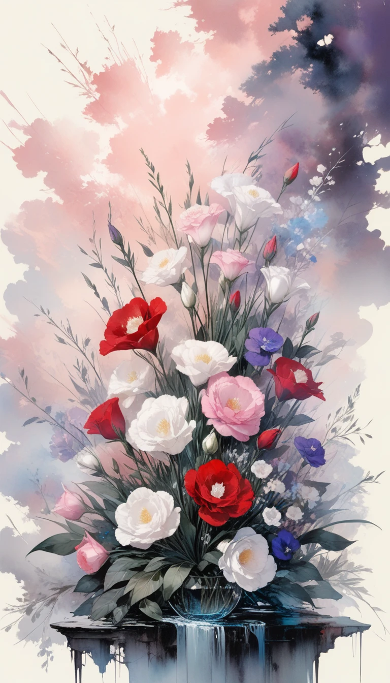 One girl,flower, Lisianthus ,Pale pinkと淡い青のスタイル, A dreamy, romantic piece, Pale pink, Mysterious Leaves, A playful arrangement,Fantasy, High Contrast, Ink strokes, explosion, Exposure, Impression of purple and red tones , Abstract, ((Watercolours by John Berkey and Jeremy Mann )) Brush strokes, Negative Space,
Waiting to start 
