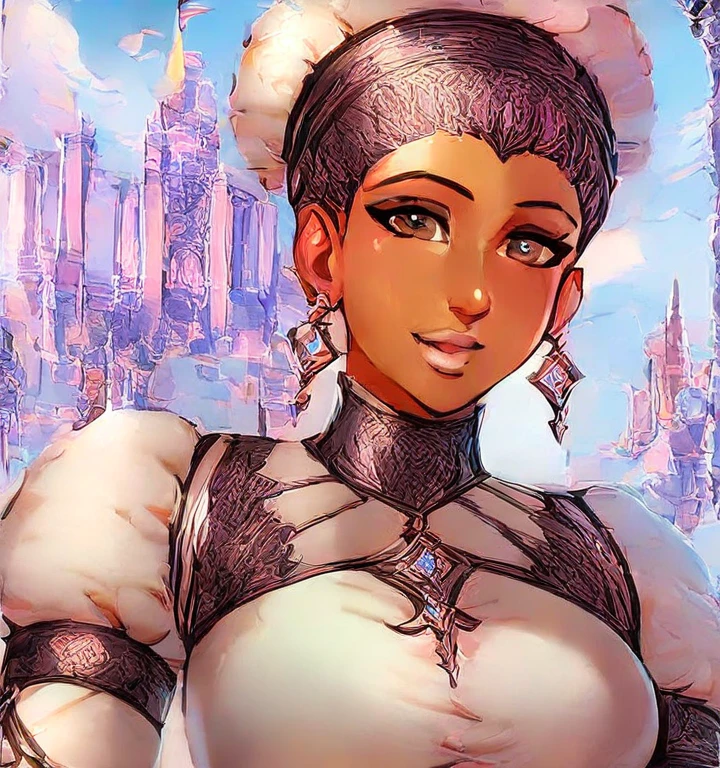 ((masterpiece, best quality, ultra detailed, beautiful illustration)), medieval warrior woman, atmospheric perspective, depth of field, looking at viewer, beautiful detailed eyes, solo, ((black skin:0.8)), ((African girl)), ((latin)), honey eyes, exquisite face, anime eyes: 1.4, short afro hair upwards with headband, 175 cm tall, ((dynamic pose)). dynamic angle, ((brave expression)), 1 girl, young adult woman, athletic and curvy figure, heavy paladin armor, ((medieval fantasy shield in Left hand)), ((long great sword in Right hand)), (normal breasts: 1.1), a medieval battlefield. full body image.