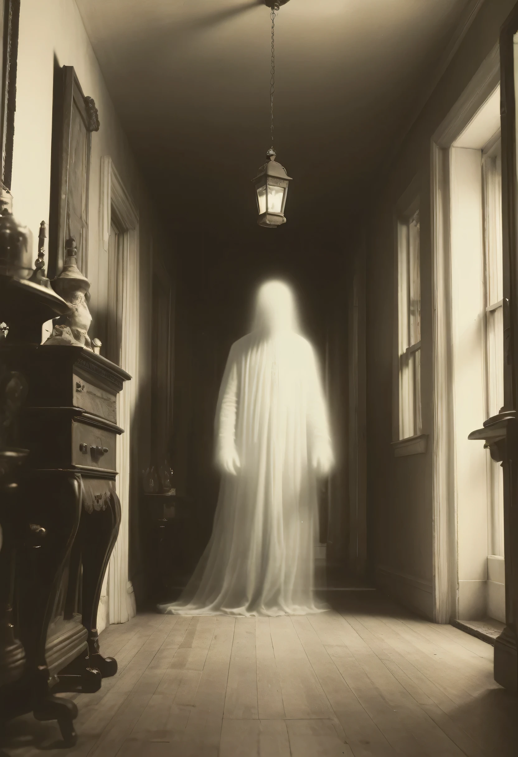 a photo of a transparent victorian ghost holding a candle walking down a hallway 