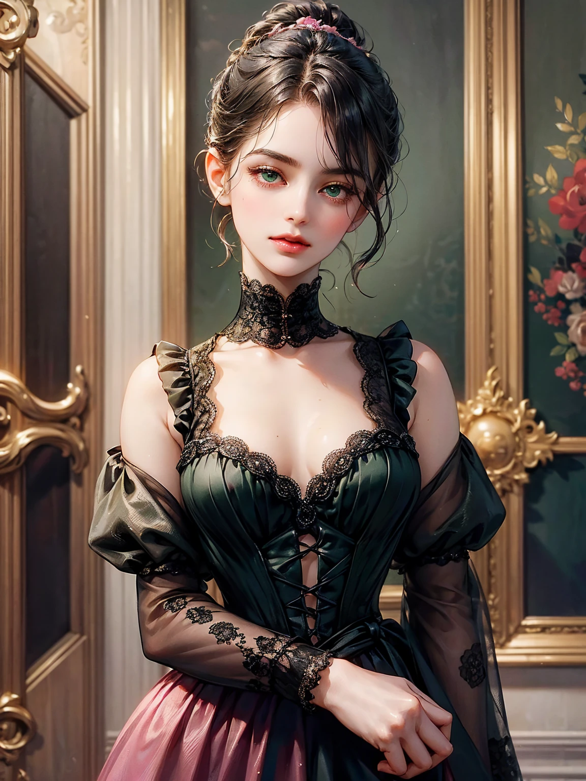 A girl, chignon black hair, small breast, green eyes. She wears a low-cut dress. She wears a pink dress from the Victorian era. Beautiful girl, detailed eyes, detailed face, detailed hands. She looks at the viewer. Full figure. Background inside of a hall