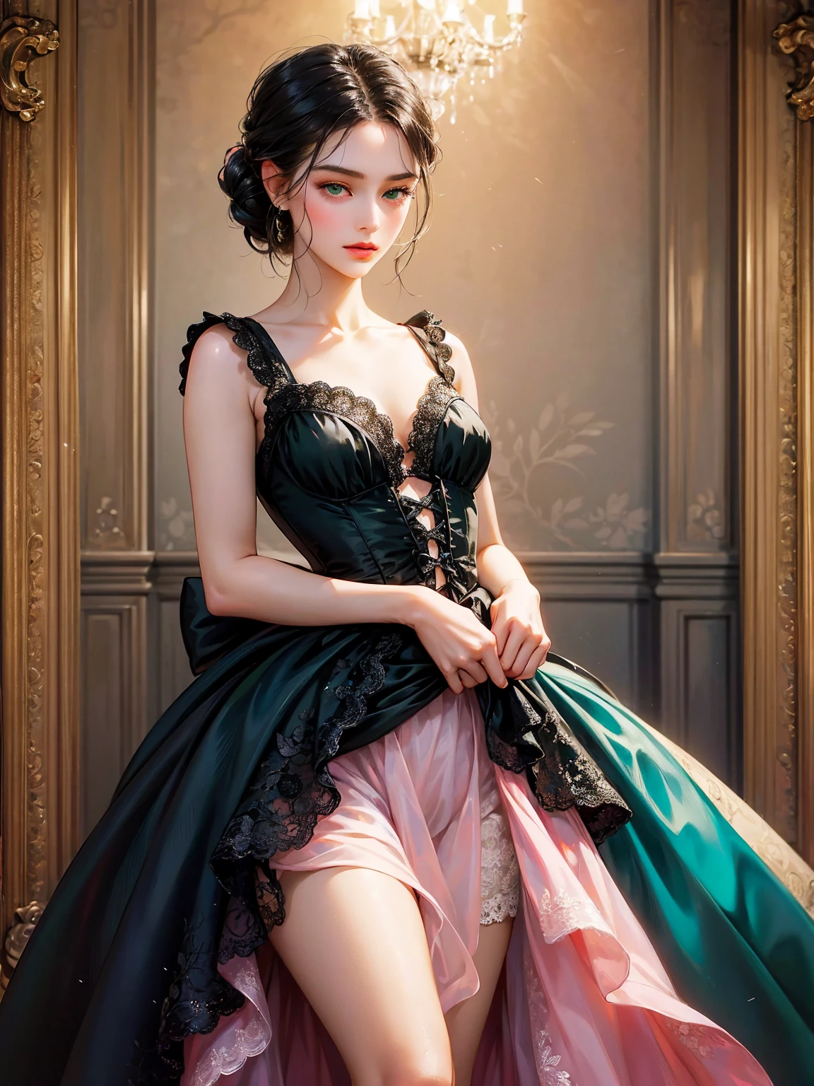 A girl, chignon black hair, small breast, green eyes. She wears a low-cut dress. She wears a pink dress from the Victorian era. Beautiful girl, detailed eyes, detailed face, detailed hands. She looks at the viewer. Full figure. Background inside of a hall