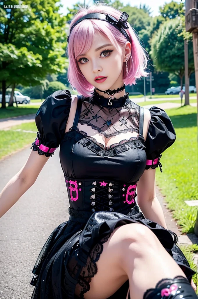 sexy stylish Swedish model, only 1 female, ((doll-like appearance)), short neon pink stylish hair, ((shiny Punk-Style boots)), (beautiful smile), ultra detailed eyes, long lashes, metallic eye-makeup, lip-gloss, ((sexy Punk ta cosplay)), unconventional skirt, petticoats, high neckline, ((ultra detailed lace)), ((ultra detailed embroidery)), intricate details, tartan patterns, Punk Loliccessoires, Punk Lolita cr, ((large sparkling Punk Lolita jewel, cinematic light, detailed sunny large park background with trees