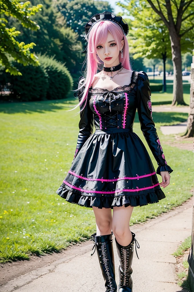 sexy stylish Swedish model, only 1 female, ((doll-like appearance)), short neon pink stylish hair, ((shiny Punk-Style boots)), (beautiful smile), ultra detailed eyes, long lashes, metallic eye-makeup, lip-gloss, ((sexy Punk Lolita cosplay)), unconventional skirt, petticoats, high neckline, ((ultra detailed lace)), ((ultra detailed embroidery)), intricate details, tartan patterns, Punk Lolita accessoires, Punk Lolita choker, ((large sparkling Punk Lolita jewelry)), cinematic light, detailed sunny large park background with trees