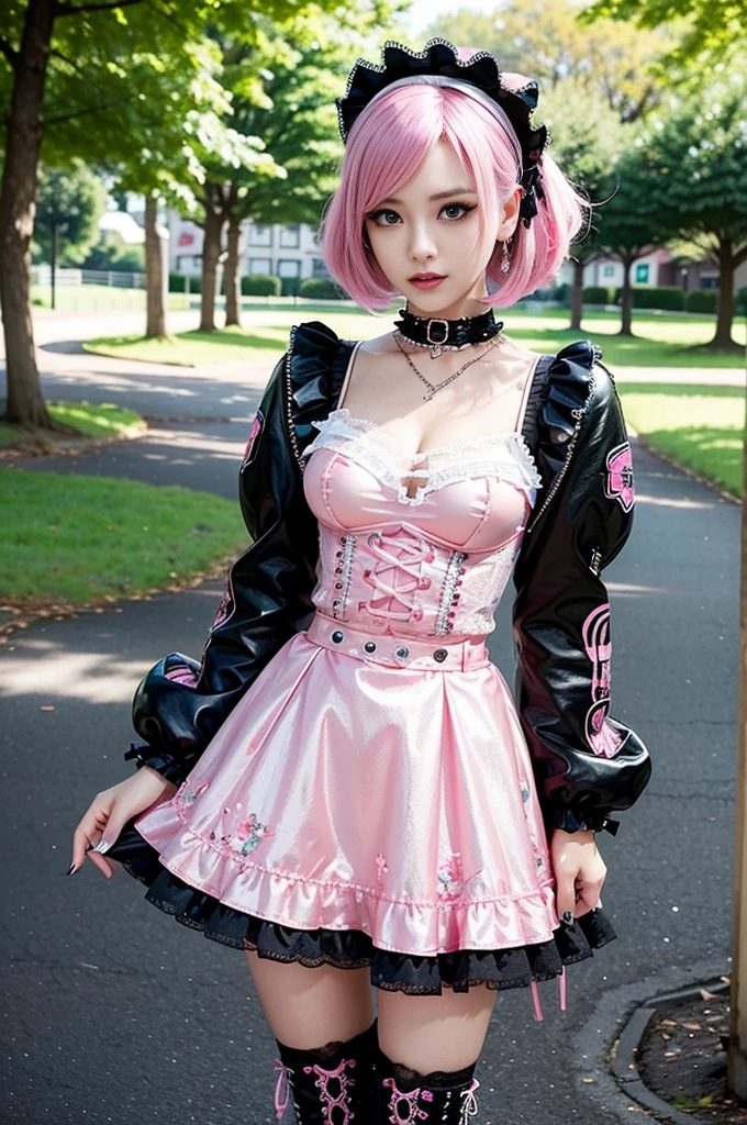 sexy stylish Swedish model, only 1 female, ((doll-like appearance)), short neon pink stylish hair, ((shiny Punk-Style boots)), (beautiful smile), ultra detailed eyes, long lashes, metallic eye-makeup, lip-gloss, ((sexy Punk ta cosplay)), unconventional skirt, petticoats, high neckline, ((ultra detailed lace)), ((ultra detailed embroidery)), intricate details, tartan patterns, Punk Loliccessoires, Punk Lolita cr, ((large sparkling Punk Lolita jewel, cinematic light, detailed sunny large park background with trees