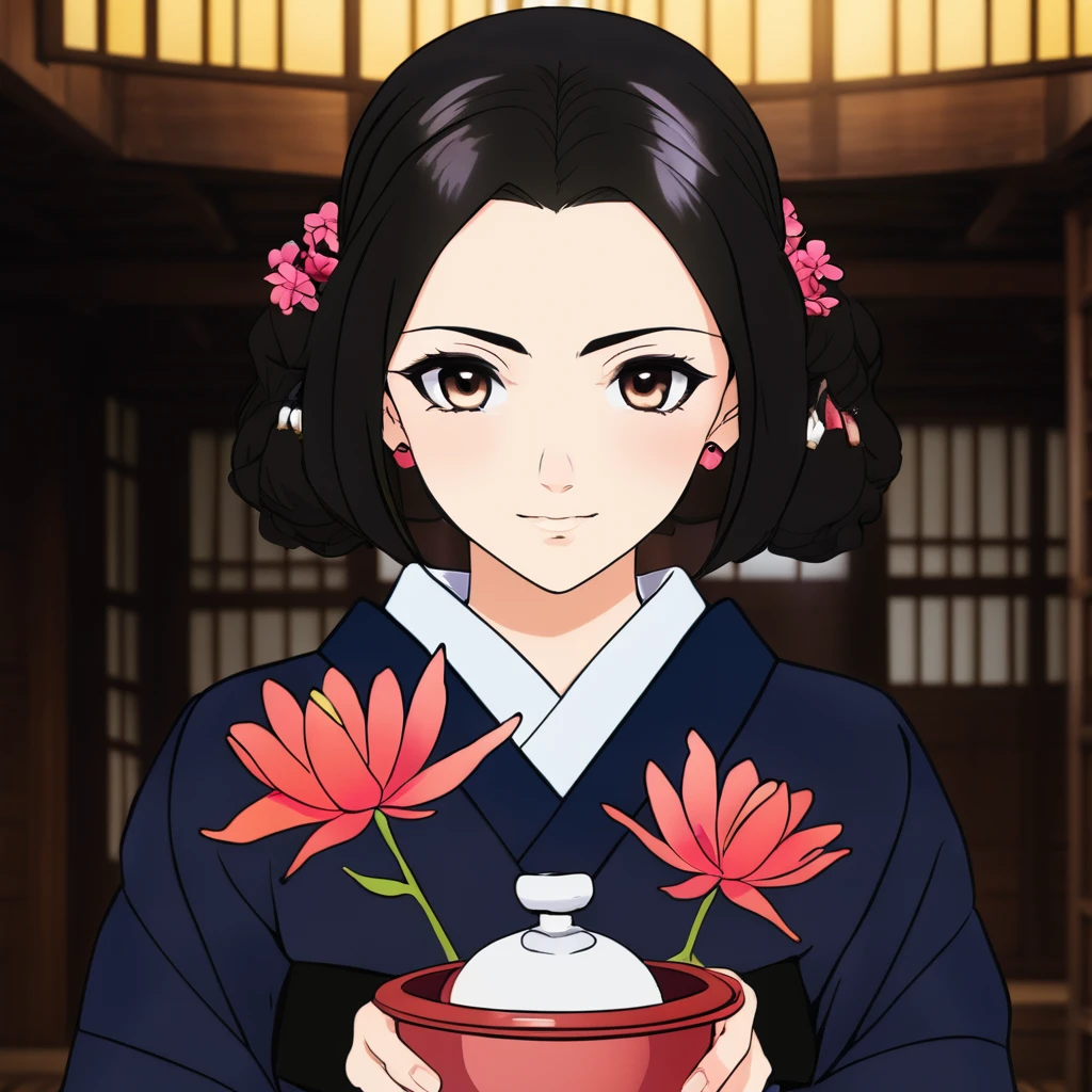 Woman in kimono outfit with flowers and a pot, kimetsu no yaiba, realistic style, maya fey from ace attorney, shalltear from overlord, realistic visual of a woman, beautiful woman, high quality, high detail