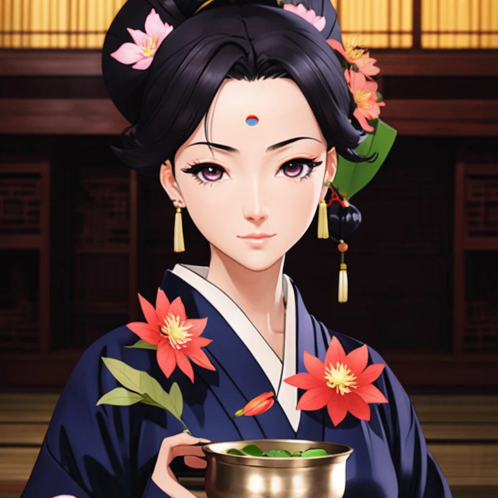 Woman in kimono outfit with flowers and a pot, kimetsu no yaiba, realistic style, maya fey from ace attorney, shalltear from overlord, realistic visual of a woman, beautiful woman, high quality, high detail