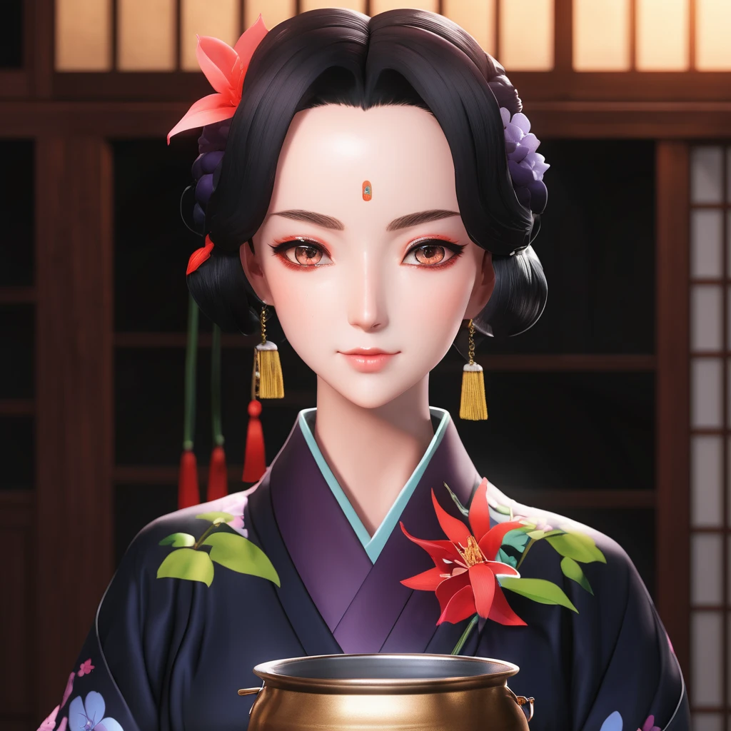 Woman in kimono outfit with flowers and a pot, kimetsu no yaiba, realistic style, maya fey from ace attorney, shalltear from overlord, realistic visual of a woman, beautiful woman, high quality, high detail