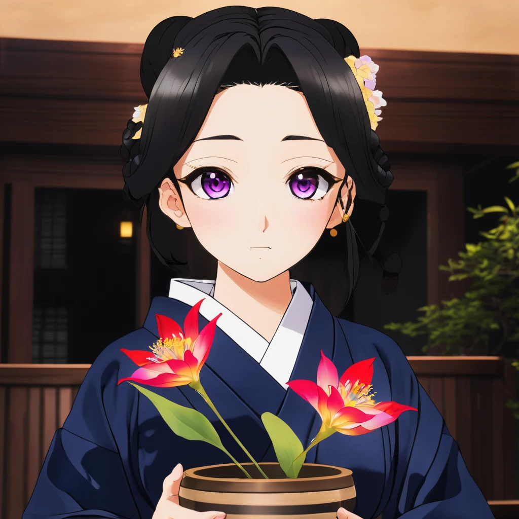 Woman in kimono outfit with flowers and a pot, kimetsu no yaiba, realistic style, maya fey from ace attorney, shalltear from overlord, realistic visual of a woman, beautiful woman, high quality, high detail