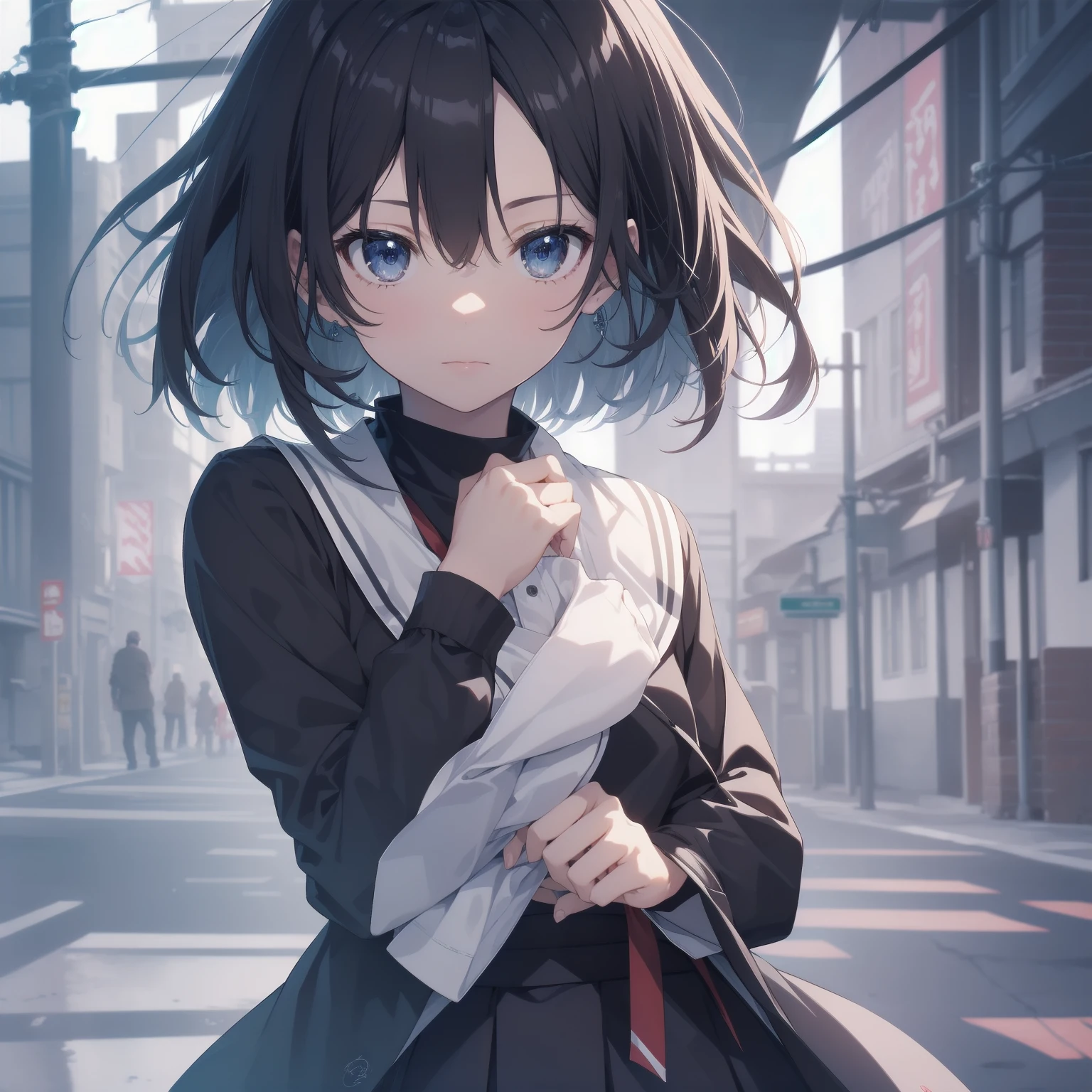 ultra-absurdres-Top quality by artist God, ultra-detailed, high resolution, anime moe artstyle, best anime 8k konachan wallpaper, pixiv contest winner, pool:2810, perfect anatomy,break, 1girl, (Please draw a girl walking sleepily to school alone. )break,(Solo,little female, 13-year-old:1.3),Full limbs, complete fingers,a junior high school student, (very short hair), short cut, flat chest, , small butt, small black eyes, beautiful detailed eyes, well-proportioned iris and pupils, expressive eyes, highres detailed hair, soft expression, salor school_uniform, sailor collar, serahuku, bow, pleated skirt,(Detailed Lighting), (Detailed background), in the School commute route.break,dewy skin, perspiration on the skin,skin texture, fine lines, pores, natural imperfections,light reflections, glossy skin, shiny skin,break,Rim Lighting, Subsurface Scattering, God Rays, Chromatic Aberration, Bokeh, Lens Flare, Volumetric Lighting, Anamorphic Lens Flare, Bloom, Depth of Field,backlight, soft bounced lighting, soft natural lighting, candolelight, neon light, hard(soft) shadows, spot light, break,Best cinematic lighting powered by famous artist, 8k,beauty illustration,photoshop_(medium),very aesthetic,break,((artist:enkyo_yuuichirou )), artist:clamp ,artist:carnelian ,artist:kantoku ,