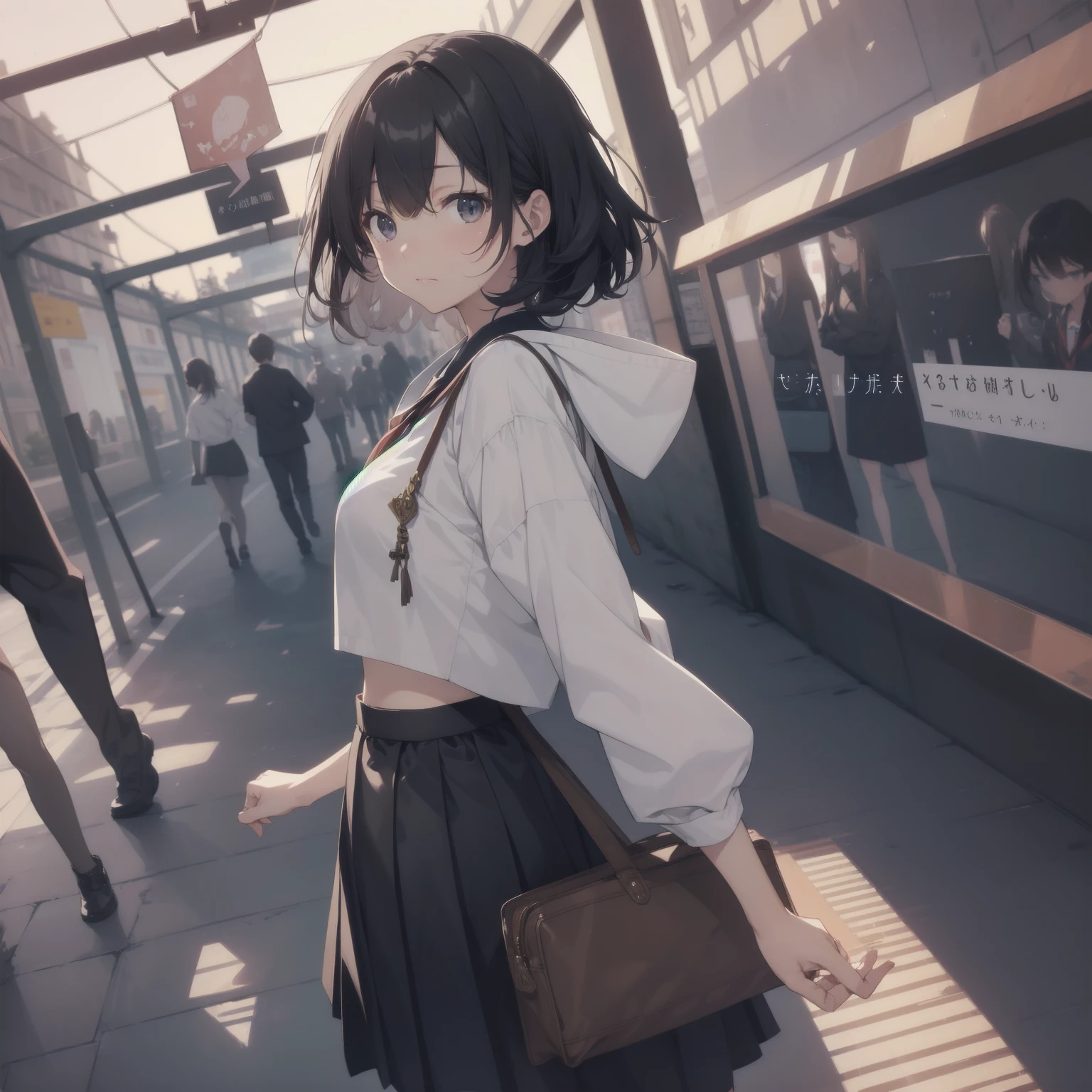 ultra-absurdres-Top quality by artist God, ultra-detailed, high resolution, anime moe artstyle, best anime 8k konachan wallpaper, pixiv contest winner, pool:2810, perfect anatomy,break, 1girl, (Please draw a girl walking sleepily to school alone. )break,(Solo,little female, 13-year-old:1.3),Full limbs, complete fingers,a junior high school student, (very short hair), short cut, flat chest, , small butt, small black eyes, beautiful detailed eyes, well-proportioned iris and pupils, expressive eyes, highres detailed hair, soft expression, salor school_uniform, sailor collar, serahuku, bow, pleated skirt,(Detailed Lighting), (Detailed background), in the School commute route.break,dewy skin, perspiration on the skin,skin texture, fine lines, pores, natural imperfections,light reflections, glossy skin, shiny skin,break,Rim Lighting, Subsurface Scattering, God Rays, Chromatic Aberration, Bokeh, Lens Flare, Volumetric Lighting, Anamorphic Lens Flare, Bloom, Depth of Field,backlight, soft bounced lighting, soft natural lighting, candolelight, neon light, hard(soft) shadows, spot light, break,Best cinematic lighting powered by famous artist, 8k,beauty illustration,photoshop_(medium),very aesthetic,break,((artist:enkyo_yuuichirou )), artist:clamp ,artist:carnelian ,artist:kantoku ,