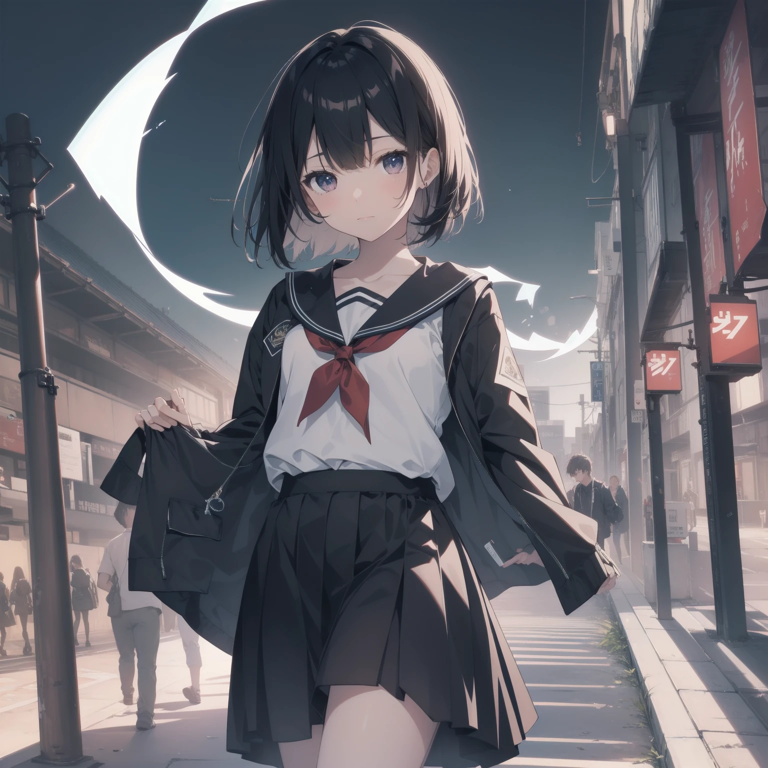 ultra-absurdres-Top quality by artist God, ultra-detailed, high resolution, anime moe artstyle, best anime 8k konachan wallpaper, pixiv contest winner, pool:2810, perfect anatomy,break, 1girl, (Please draw a girl walking sleepily to school alone. )break,(Solo,little female, 13-year-old:1.3),Full limbs, complete fingers,a junior high school student, (very short hair), short cut, flat chest, , small butt, small black eyes, beautiful detailed eyes, well-proportioned iris and pupils, expressive eyes, highres detailed hair, soft expression, salor school_uniform, sailor collar, serahuku, bow, pleated skirt,(Detailed Lighting), (Detailed background), in the School commute route.break,dewy skin, perspiration on the skin,skin texture, fine lines, pores, natural imperfections,light reflections, glossy skin, shiny skin,break,Rim Lighting, Subsurface Scattering, God Rays, Chromatic Aberration, Bokeh, Lens Flare, Volumetric Lighting, Anamorphic Lens Flare, Bloom, Depth of Field,backlight, soft bounced lighting, soft natural lighting, candolelight, neon light, hard(soft) shadows, spot light, break,Best cinematic lighting powered by famous artist, 8k,beauty illustration,photoshop_(medium),very aesthetic,break,((artist:enkyo_yuuichirou )), artist:clamp ,artist:carnelian ,artist:kantoku ,