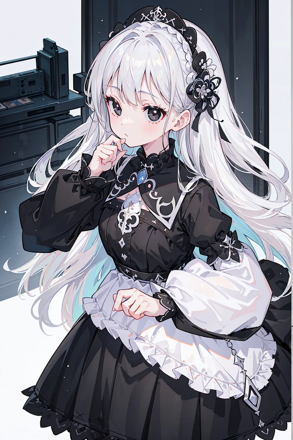 (Top image quality)、(Ultra Detailed)、(Facing forward)、top quality、masterpiece、((((1 girl))))、Silver Hair、white hair、((Long hair))、(black eyes:1.6)、(Lolita)