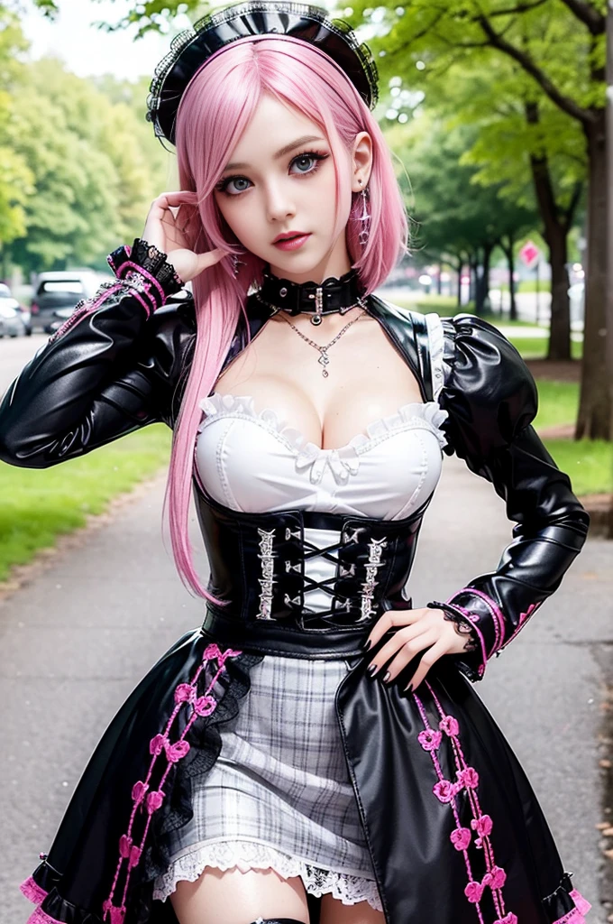 sexy stylish Swedish model, only 1 female, ((doll-like appearance)), short neon pink stylish hair, ((shiny Punk-Style boots)), (beautiful smile), ultra detailed eyes, long lashes, metallic eye-makeup, lip-gloss, ((sexy Punk Lolita cosplay)), unconventional skirt, petticoats, high neckline, ((ultra detailed lace)), ((ultra detailed embroidery)), intricate details, tartan patterns, Punk Lolita accessoires, Punk Lolita choker, ((large sparkling Punk Lolita jewelry)), cinematic light, detailed sunny large park background with trees