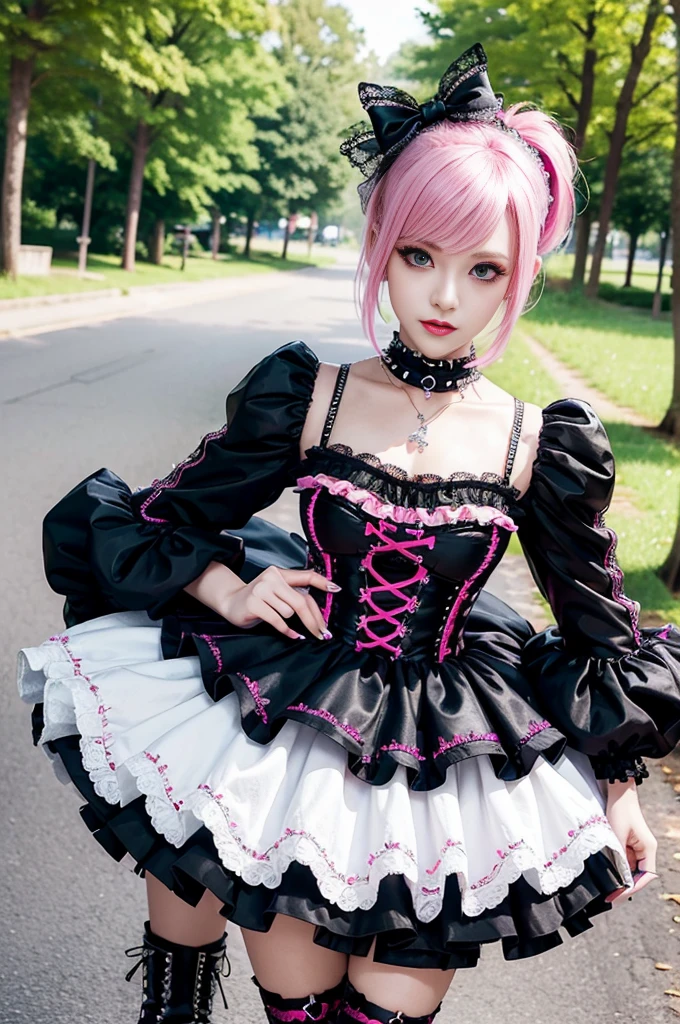 sexy stylish Swedish model, only 1 female, ((doll-like appearance)), short neon pink stylish hair, ((shiny Punk-Style boots)), (beautiful smile), ultra detailed eyes, long lashes, metallic eye-makeup, lip-gloss, ((sexy Punk Lolita cosplay)), unconventional skirt, petticoats, high neckline, ((ultra detailed lace)), ((ultra detailed embroidery)), intricate details, tartan patterns, Punk Lolita accessoires, Punk Lolita choker, ((large sparkling Punk Lolita jewelry)), cinematic light, detailed sunny large park background with trees