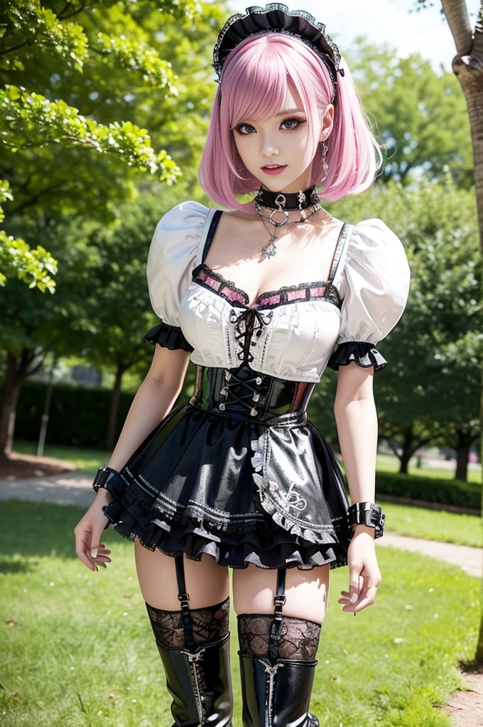 sexy stylish Swedish model, only 1 female, ((doll-like appearance)), short neon pink stylish hair, ((shiny Punk-Style boots)), (beautiful smile), ultra detailed eyes, long lashes, metallic eye-makeup, lip-gloss, ((sexy Punk ta cosplay)), unconventional skirt, petticoats, high neckline, ((ultra detailed lace)), ((ultra detailed embroidery)), intricate details, tartan patterns, Punk Loliccessoires, Punk Lolita cr, ((large sparkling Punk Lolita jewel, cinematic light, detailed sunny large park background with trees