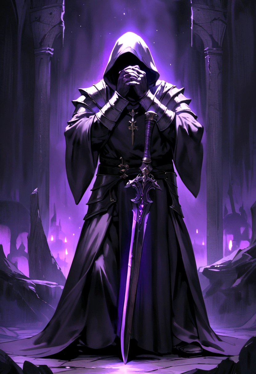 Priest Warrior, his two hands hold two large dark blades, that scratch the floor, Full body, Two purple lights come out of his eyes, dark fantasy style, Clothes and armor dyed black, With a hoodie, that covers his face
