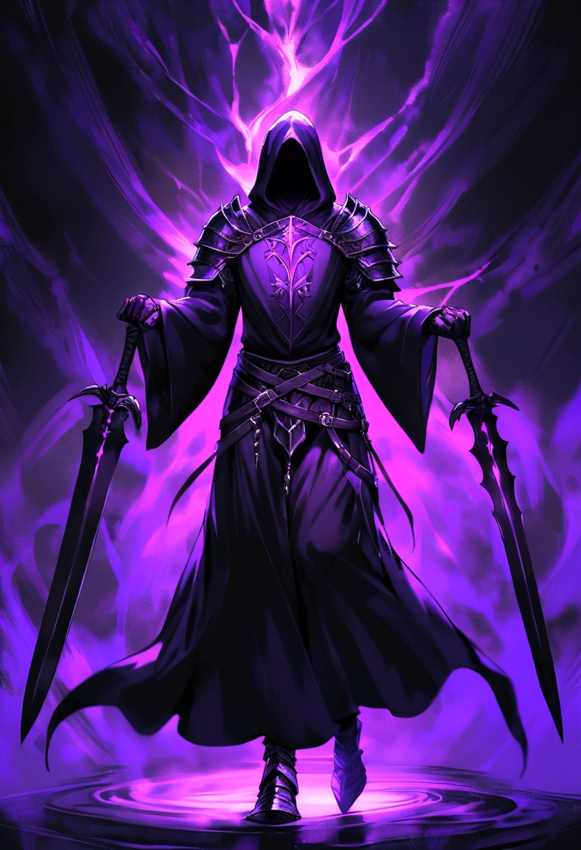 Priest Warrior, his two hands hold two large dark blades, that scratch the floor, Full body, Two purple lights come out of his eyes, dark fantasy style, Clothes and armor dyed black, With a hoodie, that covers his face
