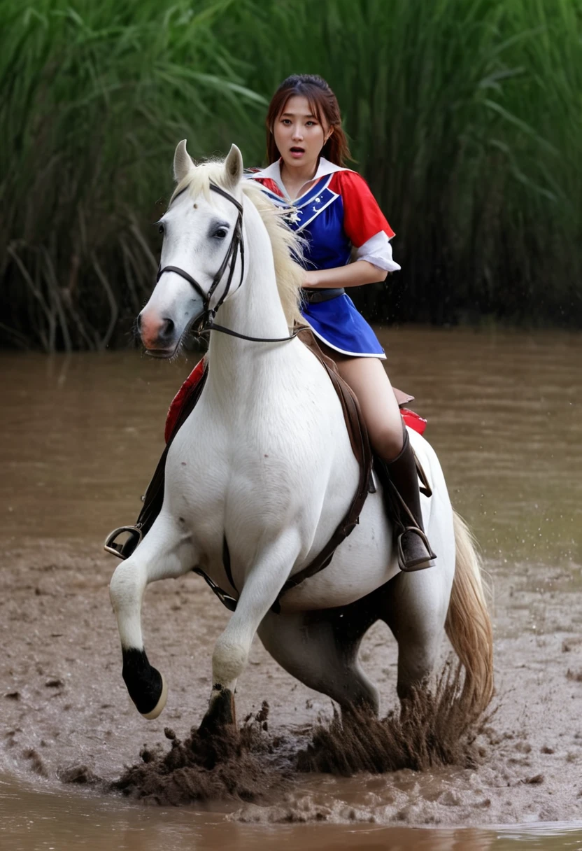 (((masterpiece))),(((Highest quality))),((Tabletop:1.4, Highest quality)), (Realな写真:1.4),
((1 cute girl knight)),rodeo,horse standing,Surprised face,stumble,aggressive,slouch,horse standing, prancing horse,pitfall,Hero,cute,
(超High resolution:1.2),, wonderful, Very detailed CG Unity 8k wallpaper, Very detailed, High resolution,fat horse ridden by japanese girl,Plump,Double,Red, white and blue outfit,Soaking in the swamp,Mud Splash,
Soft Light, Beautiful detailed girl, Droopy eyes,Very detailedな目と顔, Beautiful and exquisite nose, Beautiful and exquisite, horse ridden by a girl can't stand up because its drowned in the sticky muddy pitfall:10.0 ,Displeased face:4.0,Real,Stir,Anatomically correct,action horse riding scene while struggle fighting