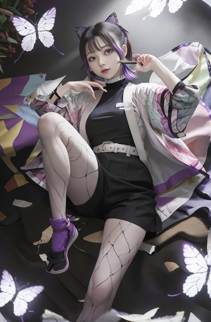 Tabletop, Highest quality, High resolution, One Girl, solo, kochou shinobu, Decorate your hair with butterflies, Purple eyes, Multi-coloured hair, short hair, Parted bangs, Short shorts, Spread your legs, skirt, Turtleneck Tops, outside of home, Erotica, Bodyline, Black trousers