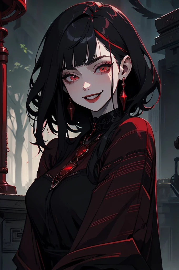 One, young woman, red coat, Red eyes , direct facial treatment, Short hair length, straight hair, straight bangs, color of light and gradient black stripes, Japanese style, long earrings, Snide smile, 48 years old, Japanese Setting, Red lipstick