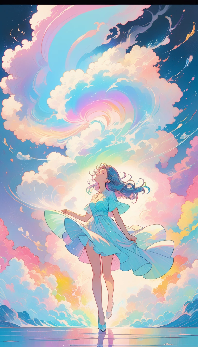 soft pastel colors, cartoon style illustration of a woman as she sees the world while experiencing hallucinations, stoned, splash art, splashed pastel colors, (soft iridiscent glowy smoke) motion effects, best quality, wallpaper art, UHD, centered image, MSchiffer art, ((flat colors)), (cel-shading style) very vibrant neon colors, ((low saturation)) ink lines, iridiscent,
